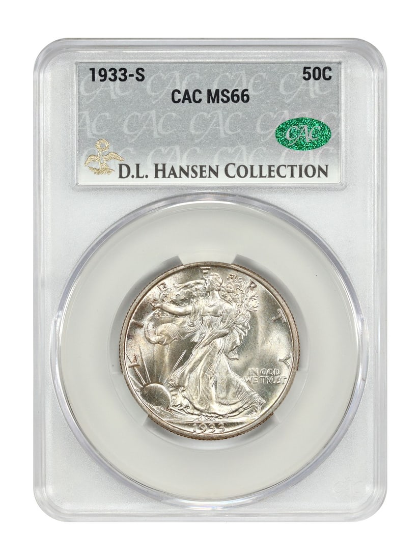 CACG MS66 1933-S Walking Liberty Half Dollar from D L Hansen Collection: CACG MS66 1933-S Walking Liberty Half Dollar from D L Hansen Collection This 1933-S Walking Liberty Half Dollar is a certified uncirculated coin graded MS66 by CACG, previously part of the D.L. Hansen