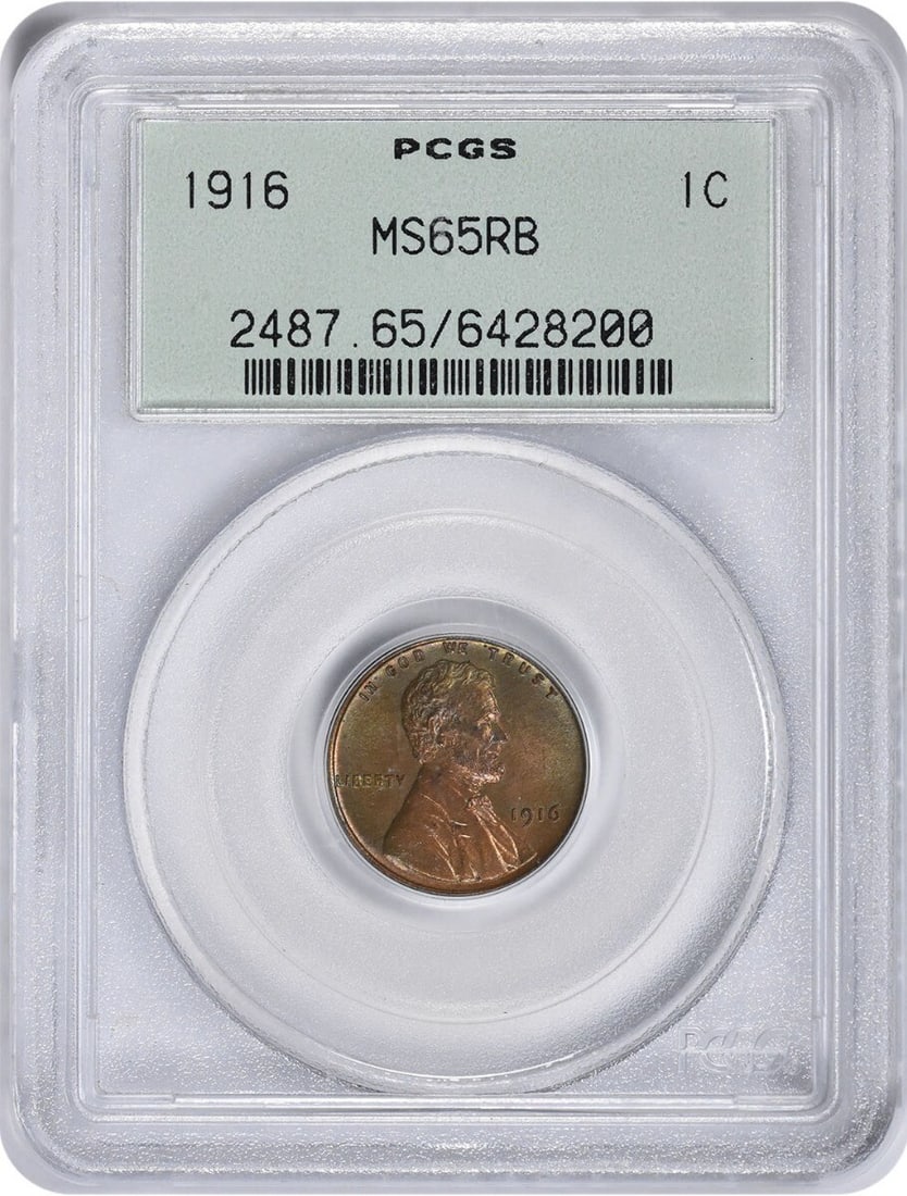 1916-P Lincoln Wheat Cent MS65RB PCGS Uncirculated: 1916-P Lincoln Wheat Cent MS65RB PCGS Uncirculated This 1916-P Lincoln Cent, certified by PCGS as MS65RB, is a stunning example of numismatic artistry. The coin is uncirculated, showcasing the iconic