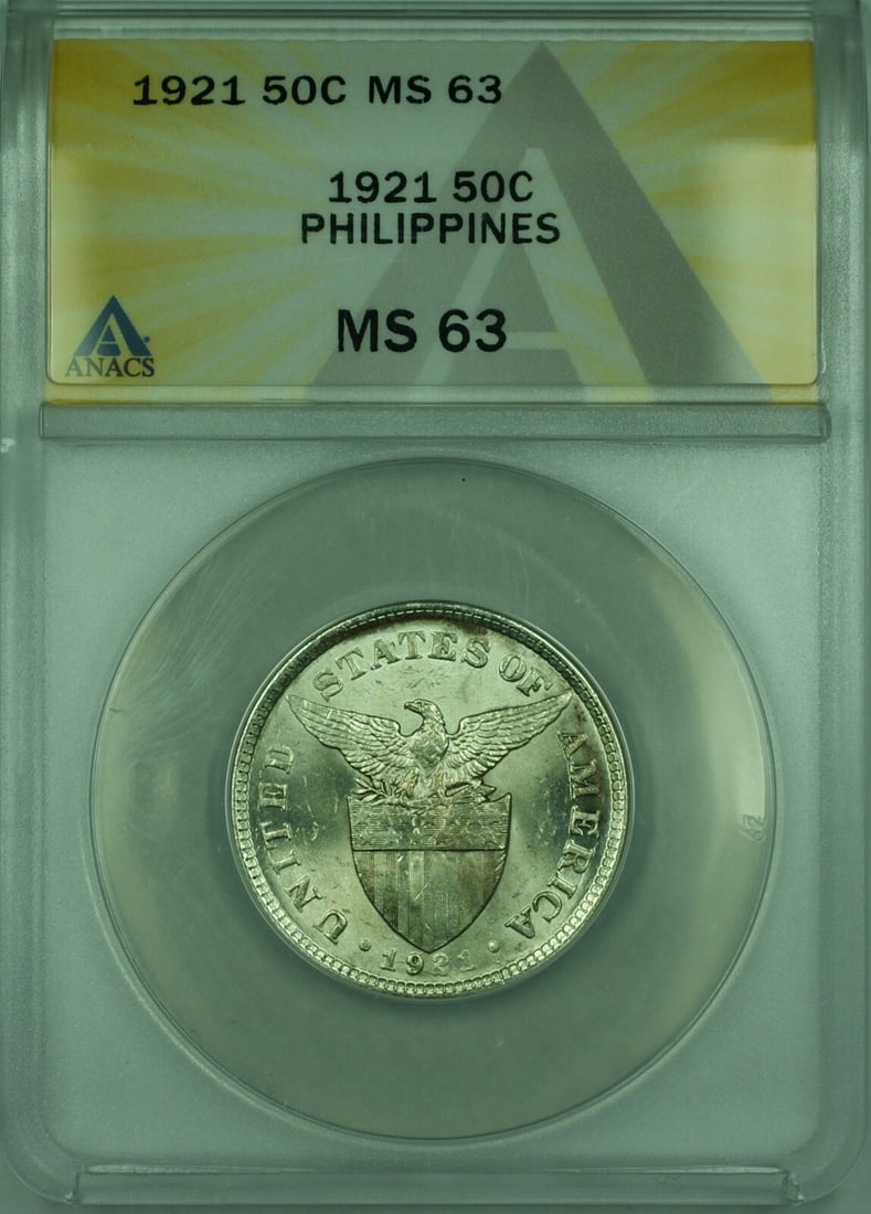 1921 Philippines Silver 50 Centavos ANACS MS-63 KM 171 Certified Coin (1 of 2)