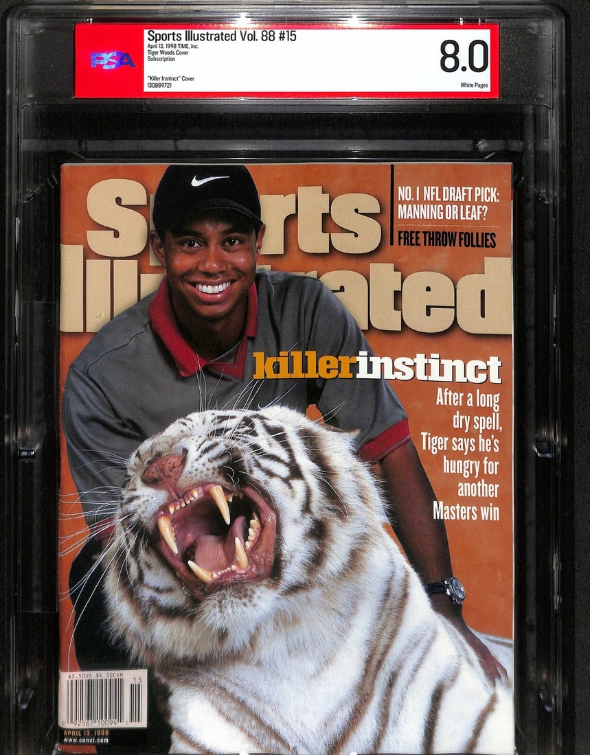 April 13 1998 Sports Illustrated Tiger Woods Cover PSA 8.0 Subscription Edition: April 13 1998 Sports Illustrated Tiger Woods Cover PSA 8.0 Subscription Edition This is the original April 13, 1998 issue of Sports Illustrated featuring Tiger Woods on the iconic "Killer Instinct" co