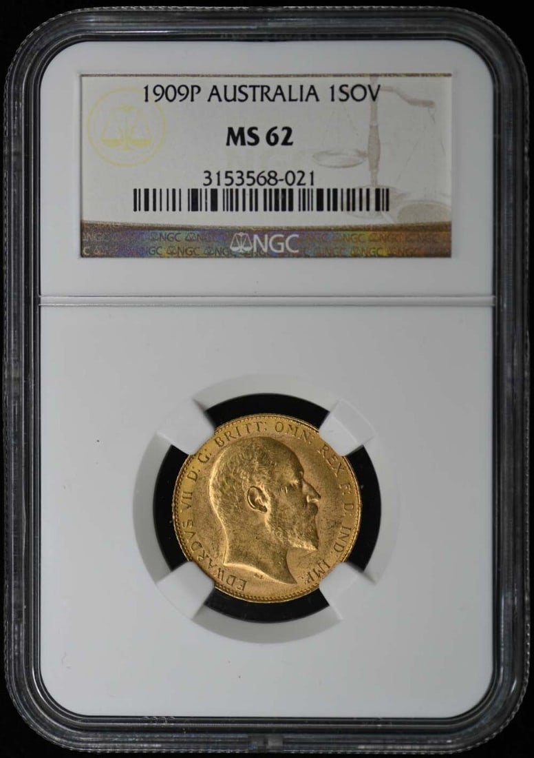 1909 Australia Gold Sovereign NGC MS62 Uncirculated Coin: 1909 Australia Gold Sovereign NGC MS62 Uncirculated Coin This 1909 Australia Gold Sovereign is a stunning piece, graded MS62 by NGC, ensuring its quality and authenticity. As an uncirculated coin, it