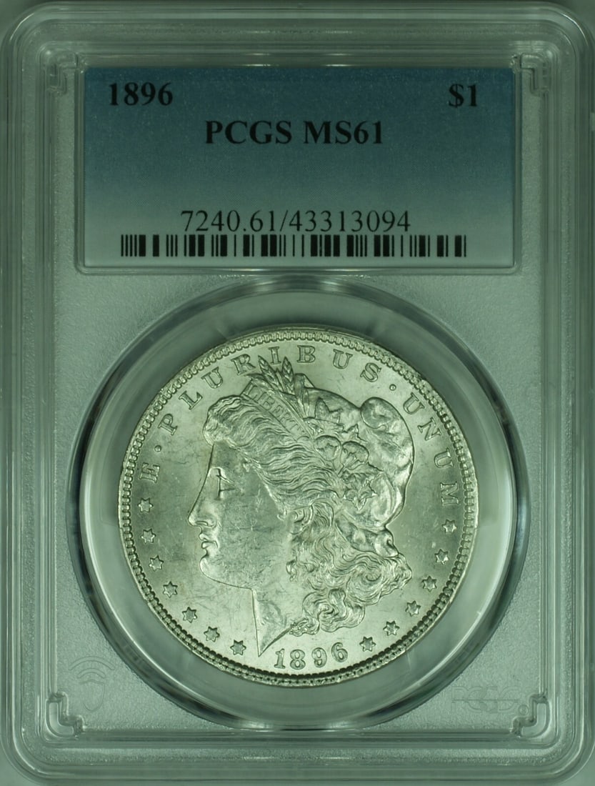 PCGS MS-61 1896 Philadelphia Morgan Dollar Silver Coin $1: PCGS MS-61 1896 Philadelphia Morgan Dollar Silver Coin $1 This is an 1896 Morgan Silver Dollar coin from the United States, minted in Philadelphia. The coin is certified by PCGS and graded MS-61, indi
