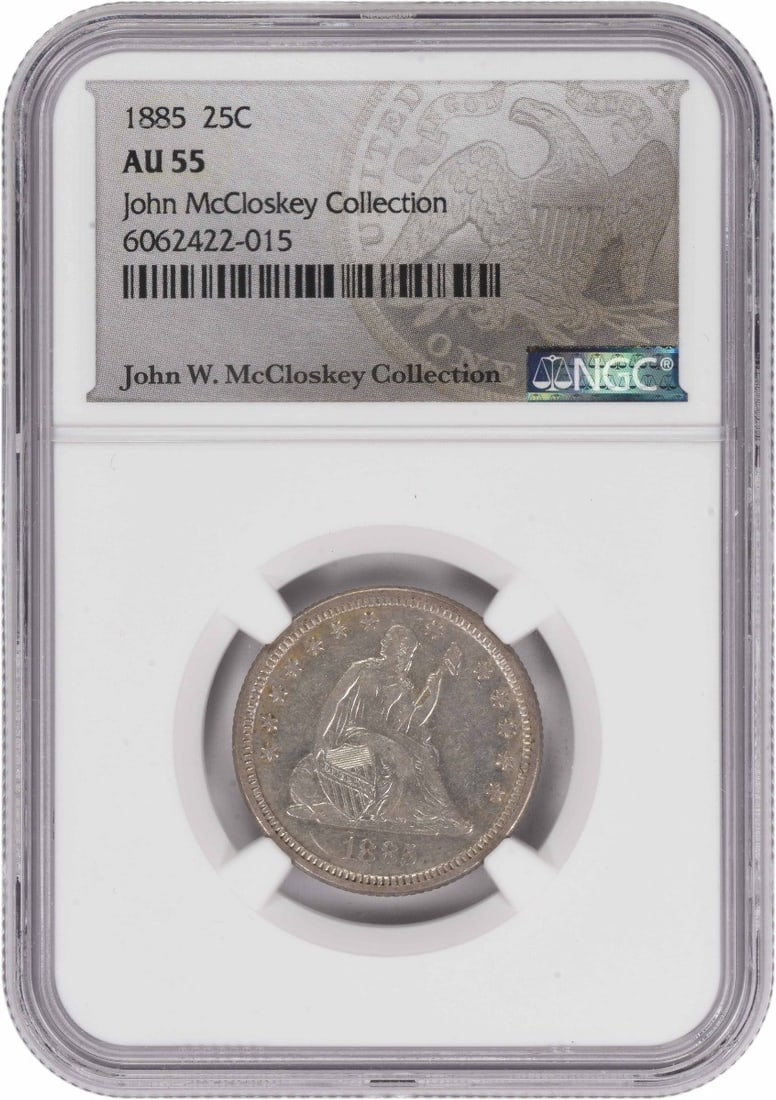 NGC AU55 1885 Seated Liberty 25C Silver Coin from Philadelphia: NGC AU55 1885 Seated Liberty 25C Silver Coin from Philadelphia This is an 1885 Liberty Seated Silver Quarter graded AU55 by NGC. Struck at the Philadelphia Mint, this coin features a composition of 90