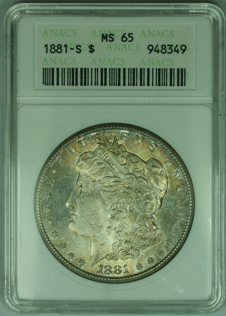 ANACS MS-65 1881-S Morgan Dollar Toned Silver Coin in Generation 5 Holder: ANACS MS-65 1881-S Morgan Dollar Toned Silver Coin in Generation 5 Holder This 1881-S Morgan Silver Dollar features a $1 denomination and is composed of 90% silver. Graded MS-65 by ANACS and housed in