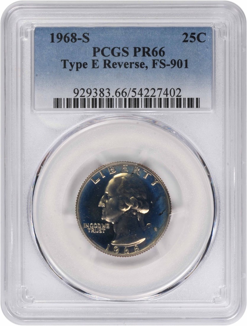 PR66 PCGS 1968-S Silver Washington Quarter FS-901 Type E Proof: PR66 PCGS 1968-S Silver Washington Quarter FS-901 Type E Proof This is a 1968-S Washington Quarter featuring the FS-901 Type E Reverse, graded PR66 by PCGS. Struck as a proof coin at the San Francisco