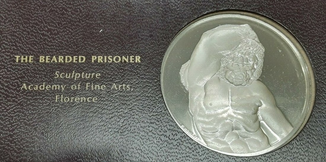 The Bearded Prisoner Sterling Silver Medal Genius of Michelangelo Series: The Bearded Prisoner Sterling Silver Medal Genius of Michelangelo Series This Franklin Mint Genius of Michelangelo proof medal, titled "The Bearded Prisoner," was produced in 1970 as part of a commemo