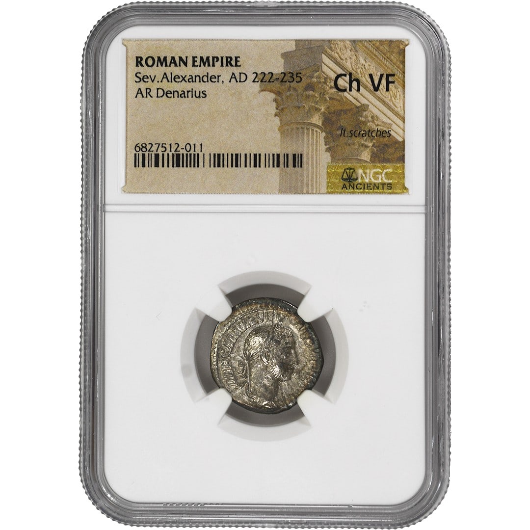 Roman Empire AR Denarius NGC Certified Ch VF Severus Alexander 222-235: Roman Empire AR Denarius NGC Certified Ch VF Severus Alexander 222-235 This Roman Empire AR Denarius features Emperor Severus Alexander, who ruled from AD 222 to 235. The coin is certified by NGC with