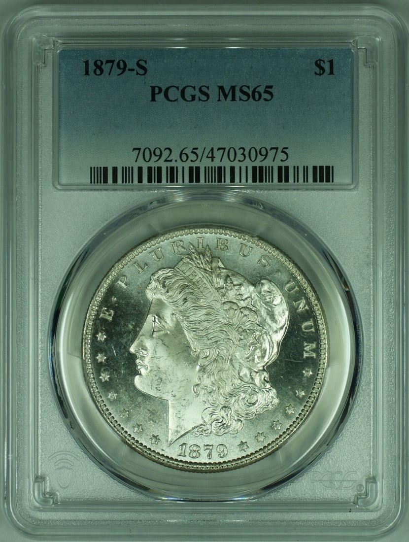 PCGS MS-65 1879-S Morgan Dollar Semi Proof-Like San Francisco Silver Coin: PCGS MS-65 1879-S Morgan Dollar Semi Proof-Like San Francisco Silver Coin This is an 1879-S Morgan Silver Dollar featuring semi proof-like surfaces. The coin is graded MS-65 by PCGS and remains in unc