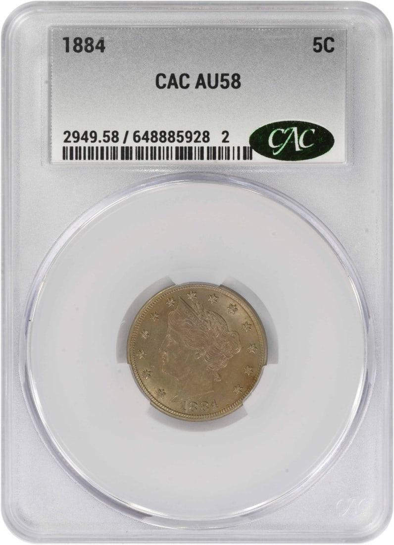 1884 Liberty Nickel Five Cent Coin AU58 Certified by CACG: 1884 Liberty Nickel Five Cent Coin AU58 Certified by CACG This 1884 Liberty Nickel features the classic design by Charles E. Barber and originates from the Philadelphia Mint. Graded AU58 by CACG, this