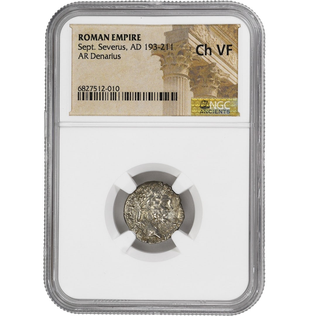 Roman Empire AR Denarius NGC Ch VF Septimius Severus Certified Coin: Roman Empire AR Denarius NGC Ch VF Septimius Severus Certified Coin This Roman Empire AR Denarius features the reign of Emperor Septimius Severus, dating from AD 193-211. The coin has been graded Choi