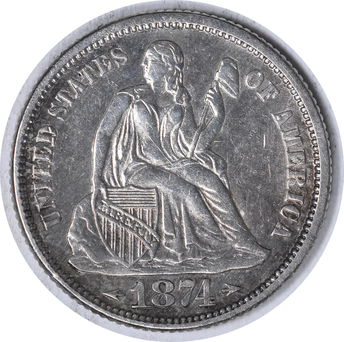 1874 Liberty Seated Dime 90% Silver AU Uncertified Philadelphia Mint: 1874 Liberty Seated Dime 90% Silver AU Uncertified Philadelphia Mint This 1874 Liberty Seated Silver Dime is a remarkable piece of numismatic history. Featuring a beautiful design by Christian Gobrech