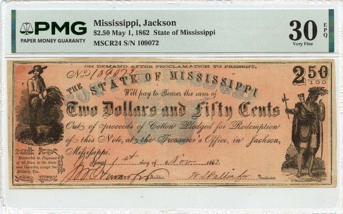 State of Mississippi 1862 Obsolete $2.50 Jackson Currency PMG VF30: State of Mississippi 1862 Obsolete $2.50 Jackson Currency PMG VF30 This is an 1862 $2.50 obsolete note issued by the State of Mississippi, specifically from Jackson, Mississippi. The note has been cer