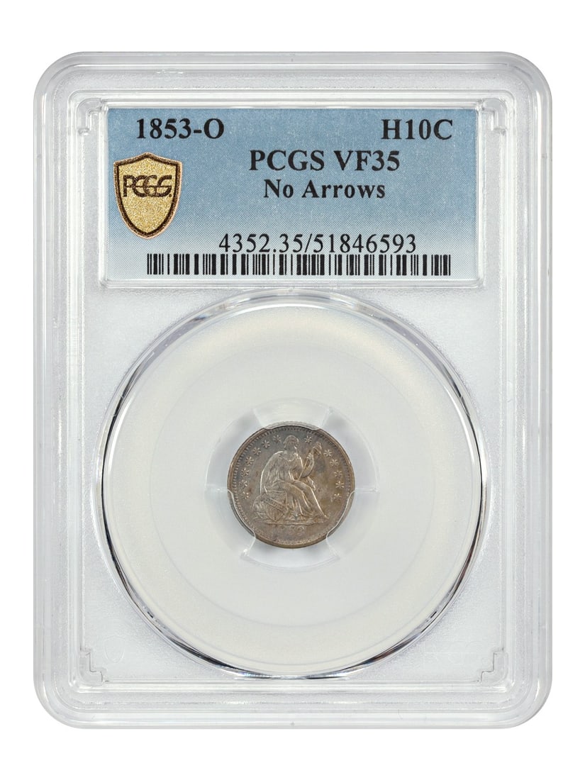 1853-O Liberty Seated Half Dime PCGS VF35 No Arrows New Orleans: 1853-O Liberty Seated Half Dime PCGS VF35 No Arrows New Orleans This is an 1853-O Liberty Seated Half Dime (No Arrows) graded VF35 by PCGS. Struck at the New Orleans Mint, this circulated coin is nota
