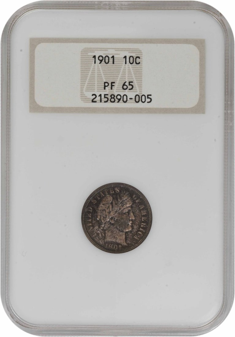 1901 Barber Dime Proof 65 Certified by NGC 90 Percent Silver: 1901 Barber Dime Proof 65 Certified by NGC 90 Percent Silver This 1901 Barber Silver Dime is a proof coin graded PR65 by NGC. Struck at the Philadelphia Mint, it features a composition of 90% silver a
