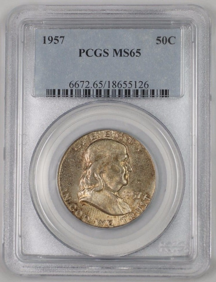 PCGS MS65 1957 Silver Franklin Half Dollar Gem Tone Philadelphia: PCGS MS65 1957 Silver Franklin Half Dollar Gem Tone Philadelphia This 1957 Franklin Silver Half Dollar 50c coin is graded MS-65 Gem Toned by PCGS. It was minted in Philadelphia and is composed of silv