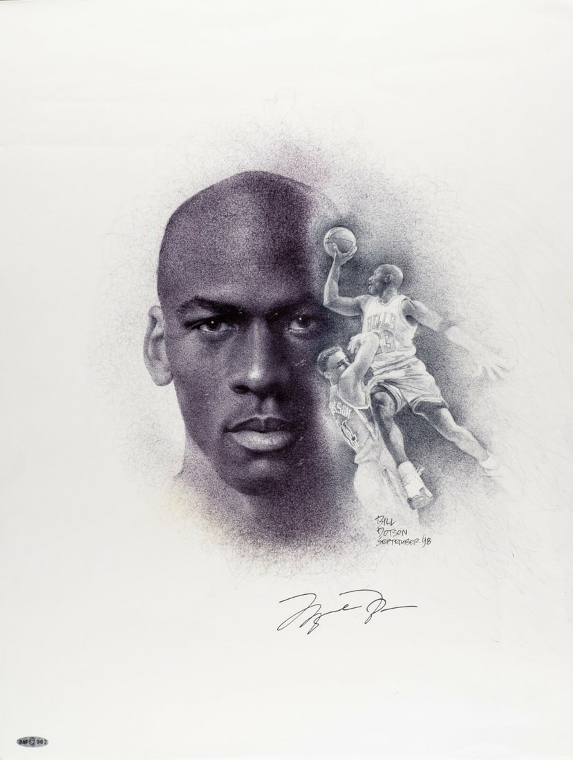 Michael Jordan Signed 18x24 Lithograph Print UDA COA by Bill Dotson: Michael Jordan Signed 18x24 Lithograph Print UDA COA by Bill Dotson This stunning lithograph print features two iconic images of basketball legend Michael Jordan: a striking headshot and a dynamic dun