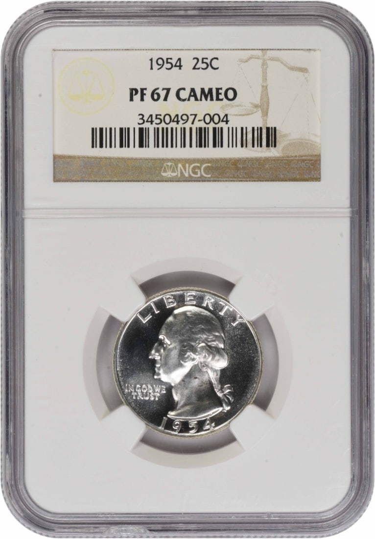 1954 Proof Washington Quarter PR67CAM Certified by NGC: 1954 Proof Washington Quarter PR67CAM Certified by NGC This 1954 Washington Quarter is a proof coin graded PR67CAM by NGC. Composed of 90% silver and 10% copper, it was struck in Philadelphia and feat