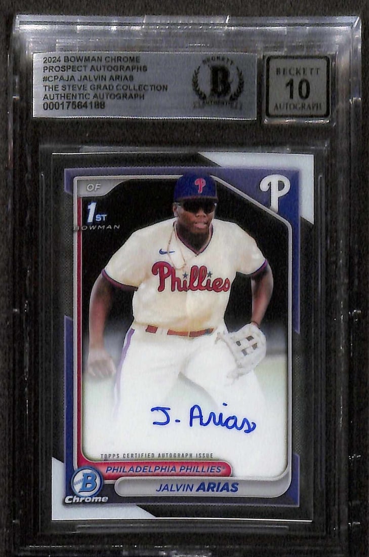 Jalvin Arias Signed 2024 Bowman Chrome Card Beckett Auto 10 #CPA-JA: Jalvin Arias Signed 2024 Bowman Chrome Card Beckett Auto 10 #CPA-JA This is an original 2024 Bowman Chrome Prospects Autographs sports trading card featuring Jalvin Arias. The card, numbered #CPA-JA,