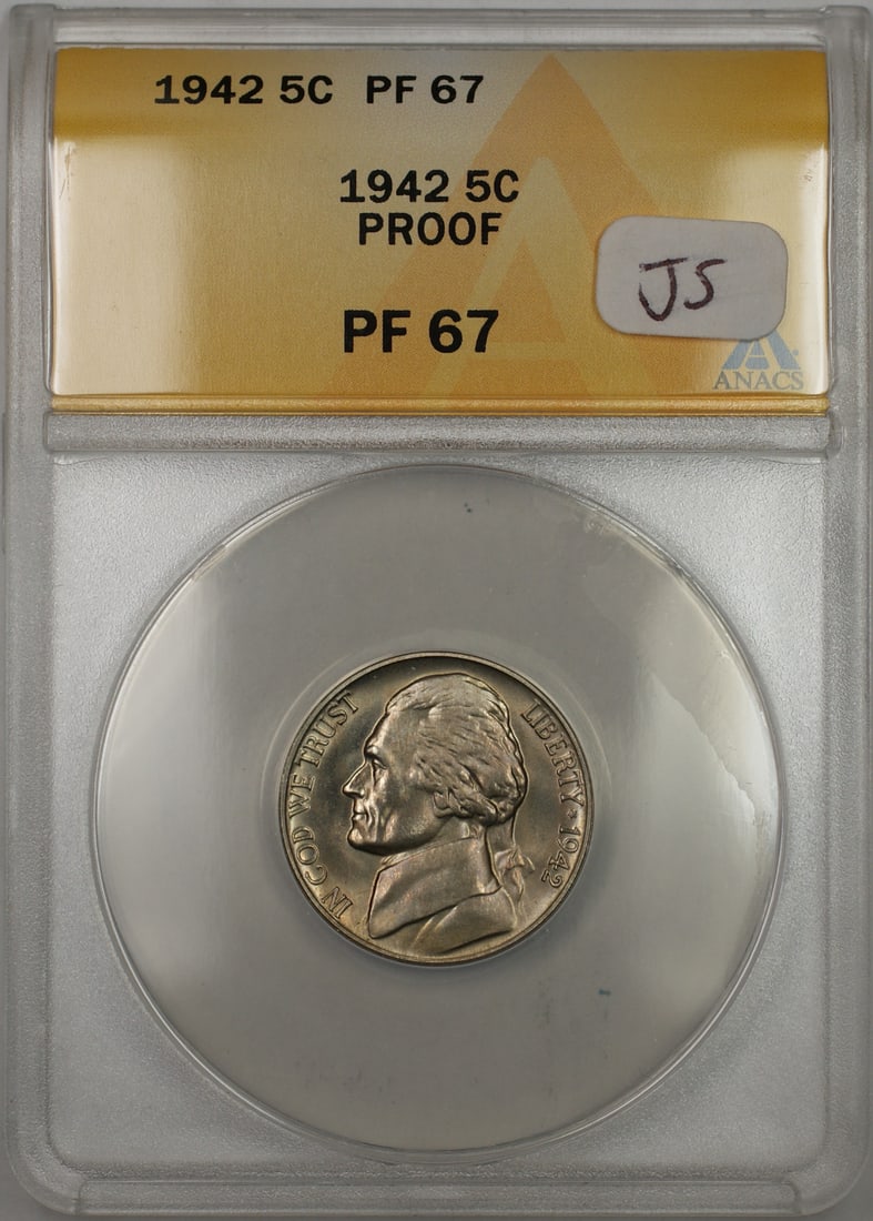 ANACS PF 67 1942 Jefferson 5C Proof Nickel Philadelphia Mint: ANACS PF 67 1942 Jefferson 5C Proof Nickel Philadelphia Mint This 1942 Jefferson Monticello Nickel is a proof strike coin graded PF 67 by ANACS. Minted in Philadelphia, it features a copper compositio