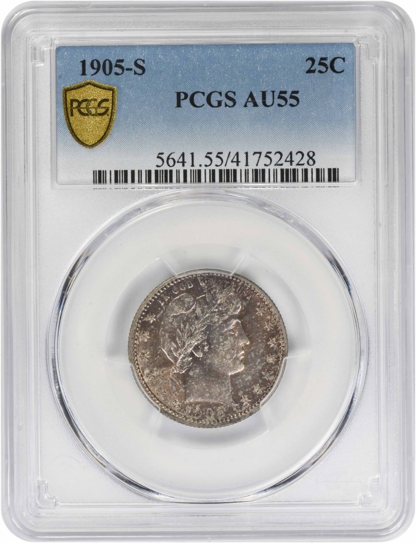 PCGS AU55 1905-S United States Barber Quarter 90 Silver: PCGS AU55 1905-S United States Barber Quarter 90 Silver This 1905-S Barber Silver Quarter is graded AU55 by PCGS. Minted in San Francisco, the coin features a composition of 90% silver and 10% copper.