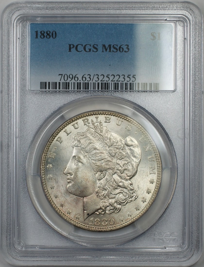 PCGS MS-63 1880 Morgan Silver Dollar Uncirculated Philadelphia Mint: PCGS MS-63 1880 Morgan Silver Dollar Uncirculated Philadelphia Mint This 1880 Morgan Silver Dollar was minted in Philadelphia and is certified by PCGS with a grade of MS-63. The coin is composed of si