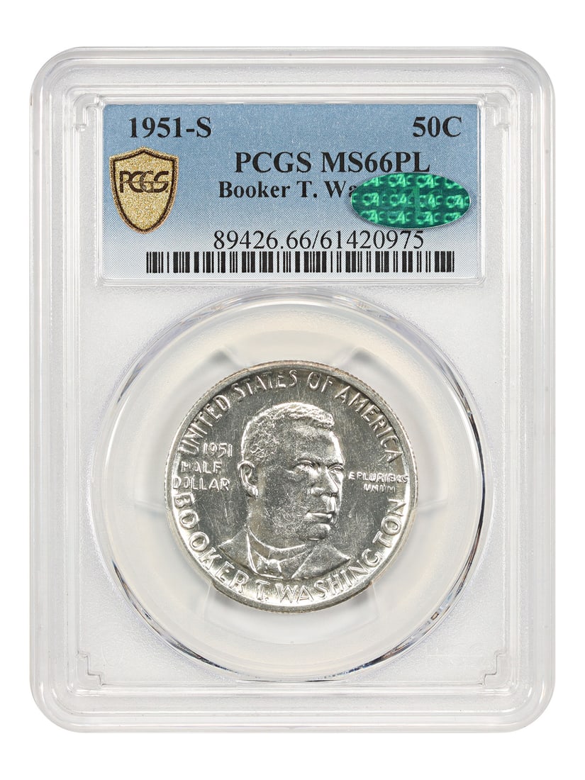 Booker T Washington 1951 San Francisco Half Dollar PCGS CAC MS66PL: Booker T Washington 1951 San Francisco Half Dollar PCGS CAC MS66PL This is a 1951-S Booker T. Washington 50-cent classic silver commemorative coin, certified by PCGS with CAC approval. Graded MS66PL,