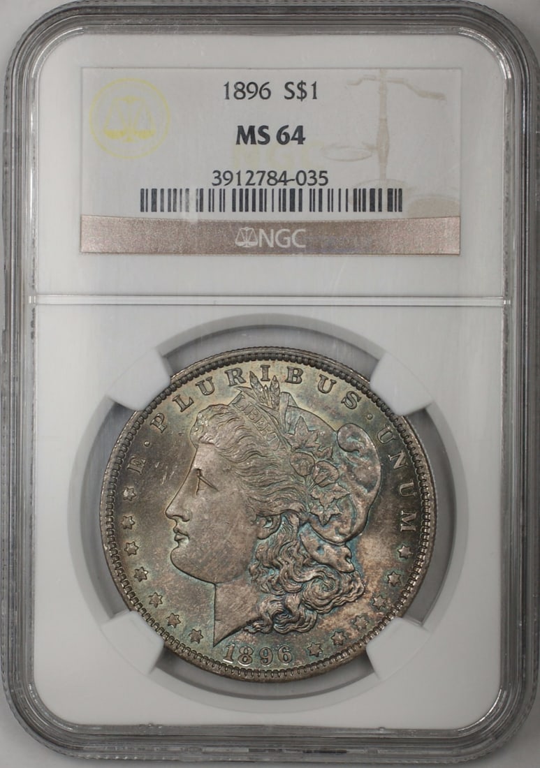 1896 Philadelphia Morgan Dollar NGC MS-64 Silver Toned Uncirculated Coin: 1896 Philadelphia Morgan Dollar NGC MS-64 Silver Toned Uncirculated Coin This is an 1896 Morgan Silver Dollar $1 coin graded MS-64 by NGC. The coin features attractive toning and was minted in Philade