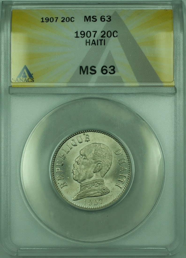 ANACS MS 63 Haiti 1907 20 Centimes Copper-Nickel Coin KM 55 (1 of 2)
