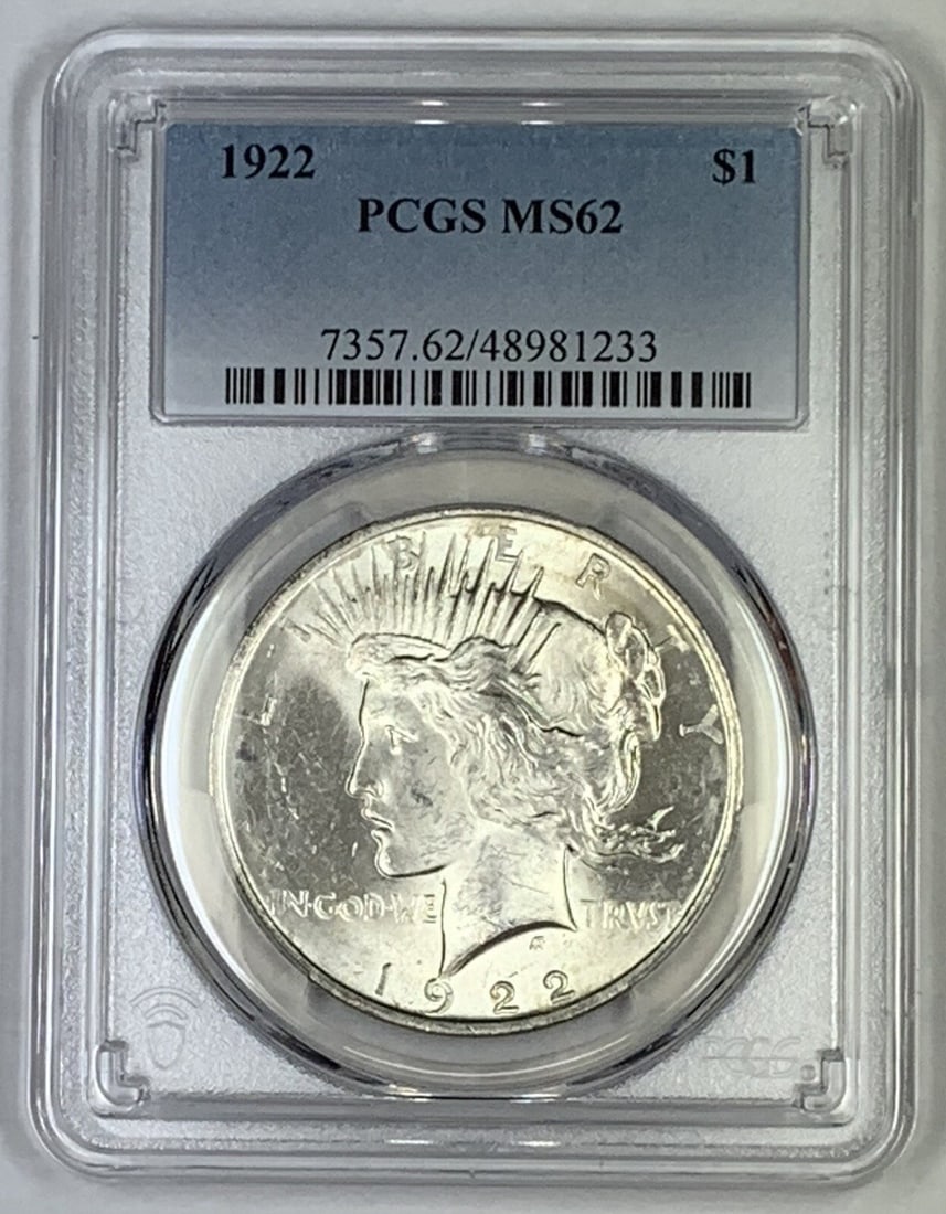 1922 Peace Silver Dollar PCGS MS62 Certified Uncirculated Coin: 1922 Peace Silver Dollar PCGS MS62 Certified Uncirculated Coin This is a 1922 Peace Silver $1 Dollar coin from the United States, graded MS 62 by PCGS. The coin is uncirculated and composed of silver.