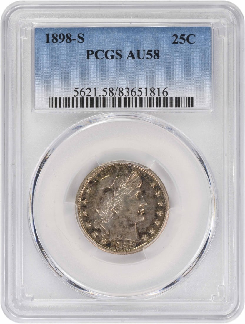 1898-S Barber Quarter AU58 PCGS Certified Silver Coin: 1898-S Barber Quarter AU58 PCGS Certified Silver Coin This 1898-S Barber Silver Quarter is a remarkable piece of American numismatic history, certified by PCGS with an AU58 grade. Struck at the San Fr