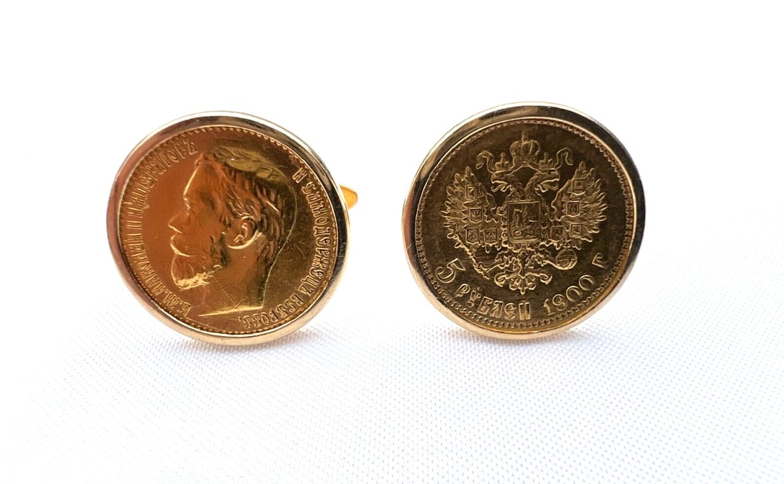 Russian Nicholas II 5 Rubles 22K Gold Cufflinks 1899 1900: Russian Nicholas II 5 Rubles 22K Gold Cufflinks 1899 1900 This exquisite pair of cufflinks features authentic Russian Nicholas II. 5 rubles coins made of 22K yellow gold, dated 1899 and 1900. Each cuf