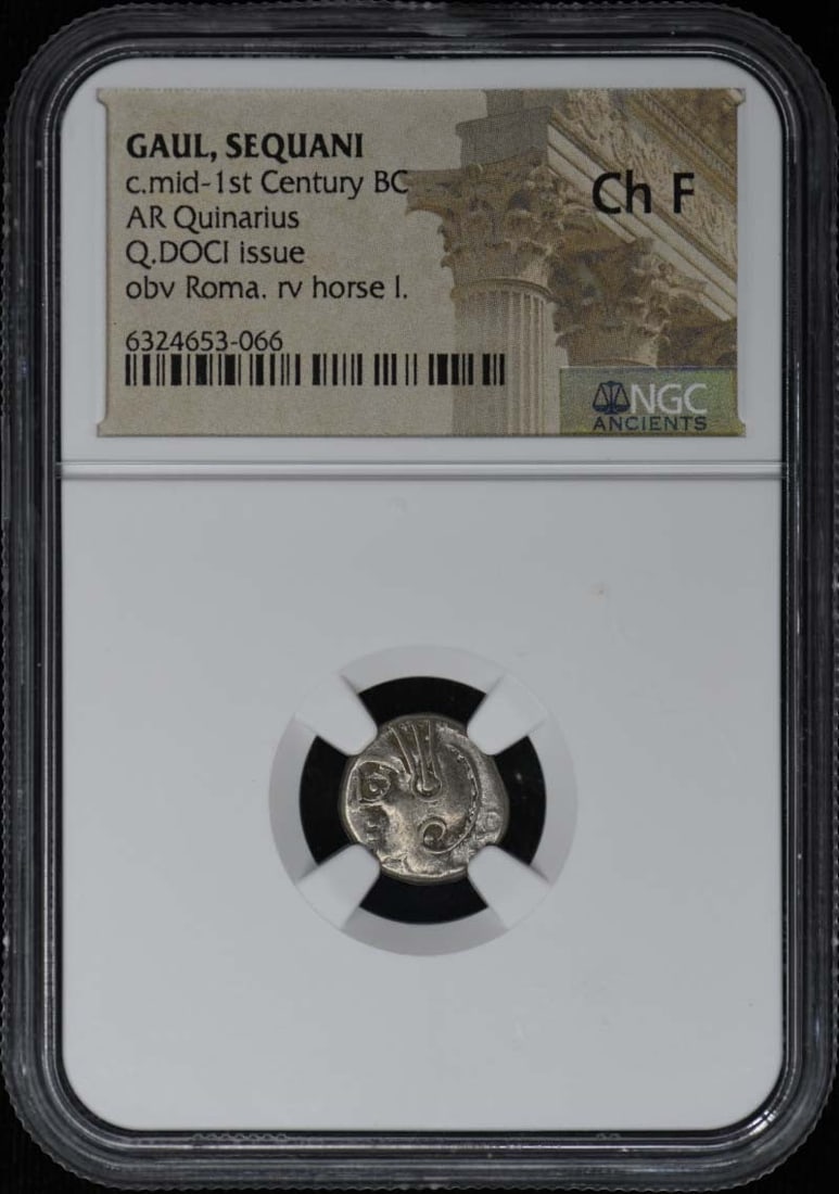 Sequani Quinarius Silver Coin from Gaul Mid 1st Century BC NGC Certified: Sequani Quinarius Silver Coin from Gaul Mid 1st Century BC NGC Certified This AR Quinarius coin from the Sequani tribe of Gaul dates to the mid-1st century BC. The coin is graded Choice Fine (Ch F) by