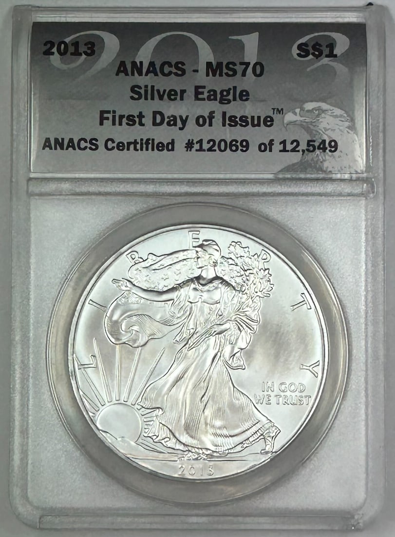 2013 MS 70 ANACS Silver Eagle Dollar with Wood Display Presentation Box: 2013 MS 70 ANACS Silver Eagle Dollar with Wood Display Presentation Box This 2013 American Silver $1 Eagle coin is certified by ANACS with an MS 70 grade, indicating it is in uncirculated condition. T