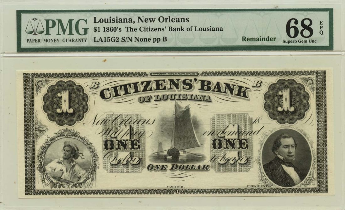 Citizens Bank New Orleans One Dollar PMG 68 Obsolete Currency 1860s: Citizens Bank New Orleans One Dollar PMG 68 Obsolete Currency 1860s This is an 1860s $1 New Orleans, Louisiana obsolete note from Citizens Bank, graded Superb GEM 68 EPQ by PMG. The note is uncirculat