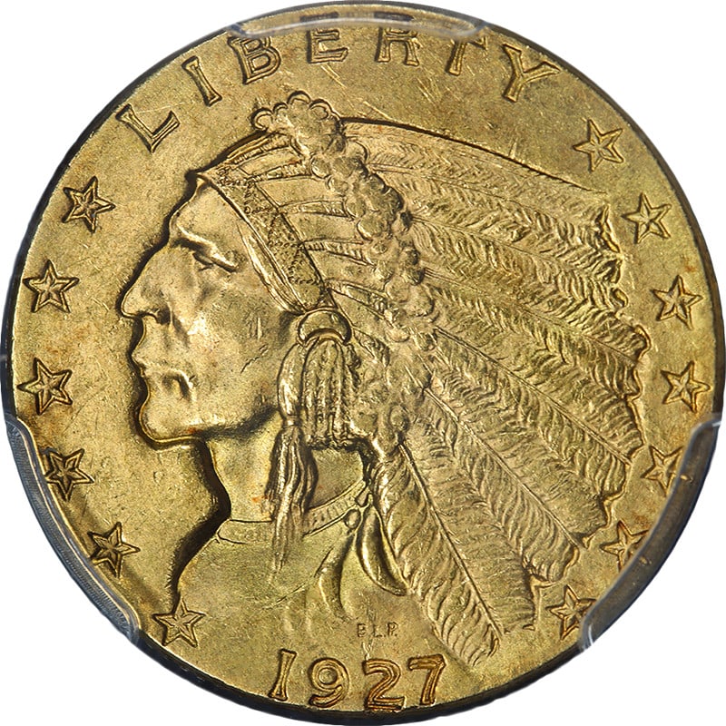 1927 $2.50 Indian Gold Coin PCGS Graded MS64 Uncirculated: 1927 $2.50 Indian Gold Coin PCGS Graded MS64 Uncirculated This 1927 Indian Gold $2.50 coin is certified by PCGS with a grade of MS64. It features a strong strike, excellent luster, and well-preserved