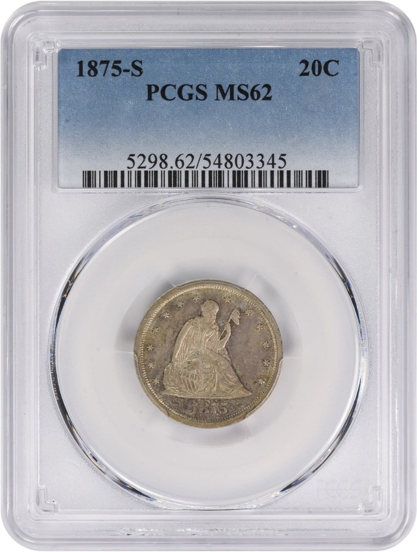1875-S Twenty Cent Silver Coin MS62 PCGS San Francisco: 1875-S Twenty Cent Silver Coin MS62 PCGS San Francisco This 1875-S Twenty Cent Silver Piece is a remarkable collectible, certified by PCGS with a grade of MS62. Struck in San Francisco, this uncircula