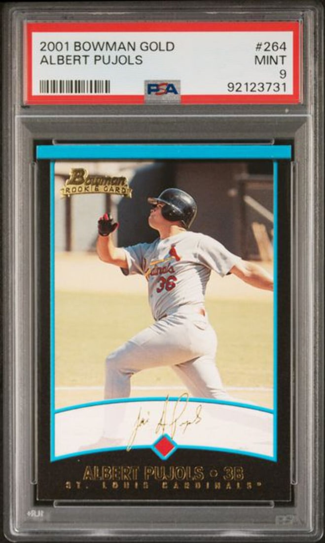 2001 Bowman Gold Albert Pujols Rookie Card PSA 9 Mint: 2001 Bowman Gold Albert Pujols Rookie Card PSA 9 Mint This is a graded 2001 Bowman Gold Albert Pujols #264 Rookie baseball card, featuring the iconic player from the St. Louis Cardinals. The card has