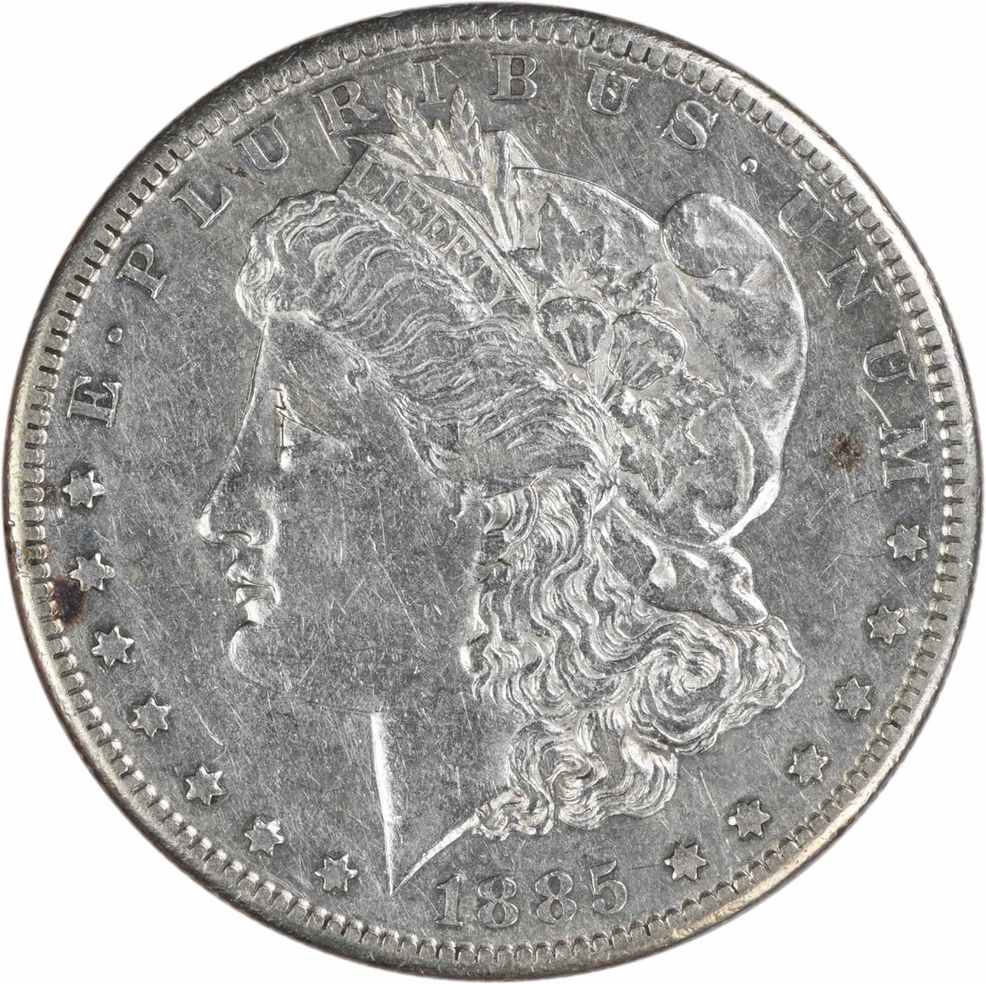 San Francisco Mint 1885 Morgan Dollar 90 Percent Silver Extra Fine Uncertified: San Francisco Mint 1885 Morgan Dollar 90 Percent Silver Extra Fine Uncertified This 1885-S Morgan Silver Dollar features a composition of 90% silver and 10% copper. Struck at the San Francisco Mint, t