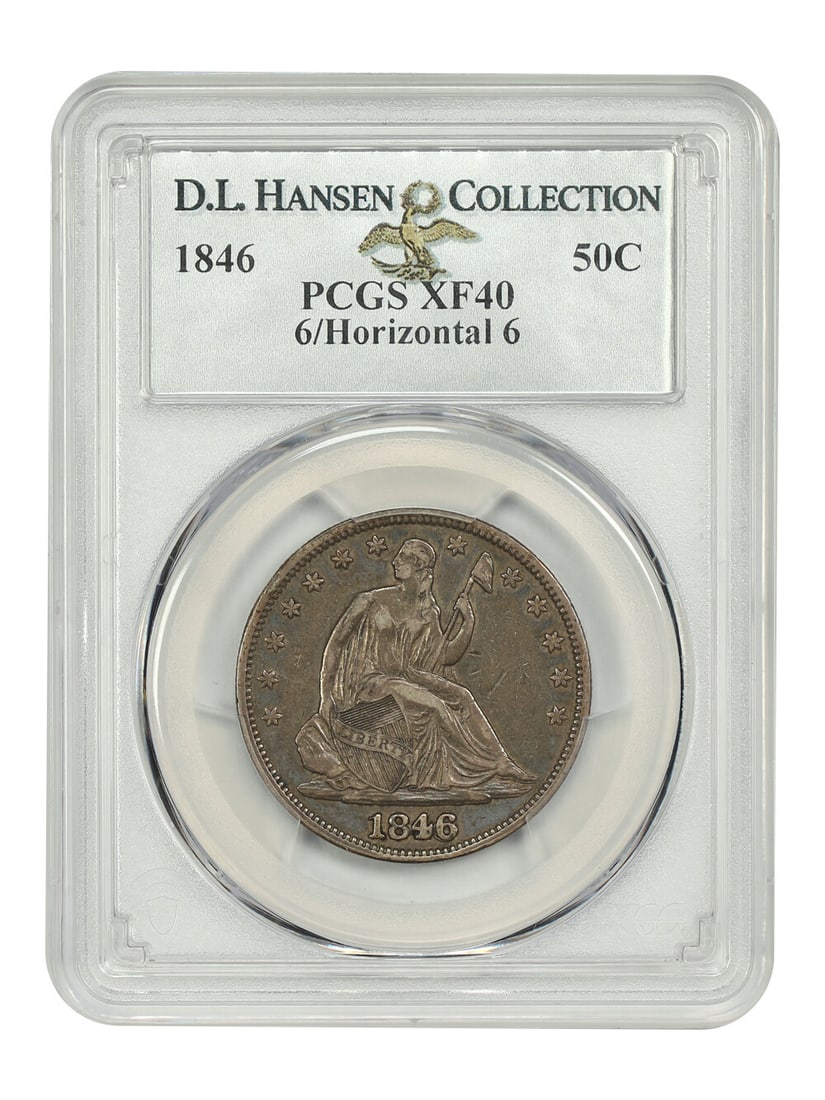 1846 Liberty Seated Half Dollar PCGS XF40 Blundered Date Variety: 1846 Liberty Seated Half Dollar PCGS XF40 Blundered Date Variety This 1846 Liberty Seated Half Dollar is certified by PCGS with a grade of XF40. It features the denomination of 50C, minted in Philadel