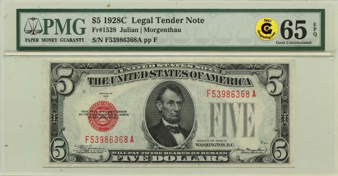 PMG GEM 65 EPQ 1928C $5 Legal Tender United States Note: PMG GEM 65 EPQ 1928C $5 Legal Tender United States Note This is a 1928C $5 Legal Tender Note from the United States, graded MS64 and certified by PMG. The note is uncirculated and comes with the certi