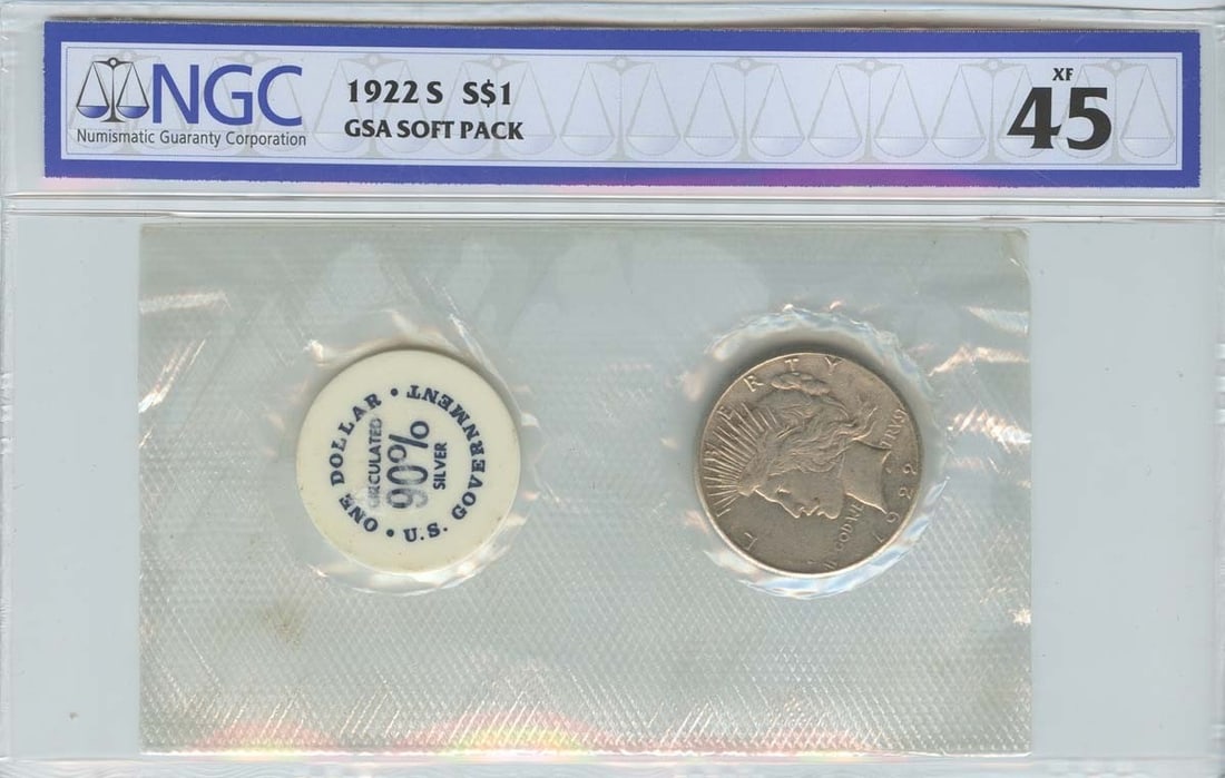 1922 San Francisco Peace Dollar NGC XF45 Soft Pack: 1922 San Francisco Peace Dollar NGC XF45 Soft Pack This is a 1922-S Peace Dollar, certified by NGC with a grade of XF45, indicating it is in extremely fine circulated condition. The coin was minted in