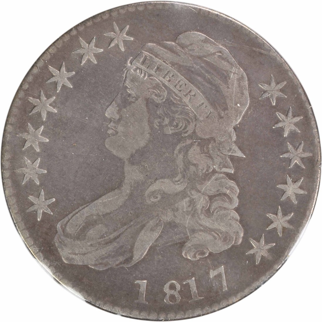 1817 Bust Silver Half Dollar VF By John Reich Uncertified: 1817 Bust Silver Half Dollar VF By John Reich Uncertified This 1817 Bust Silver Half Dollar features the O-106A Single Leaf variety, showcasing exquisite detail from its VF (Very Fine) grade. Struck i