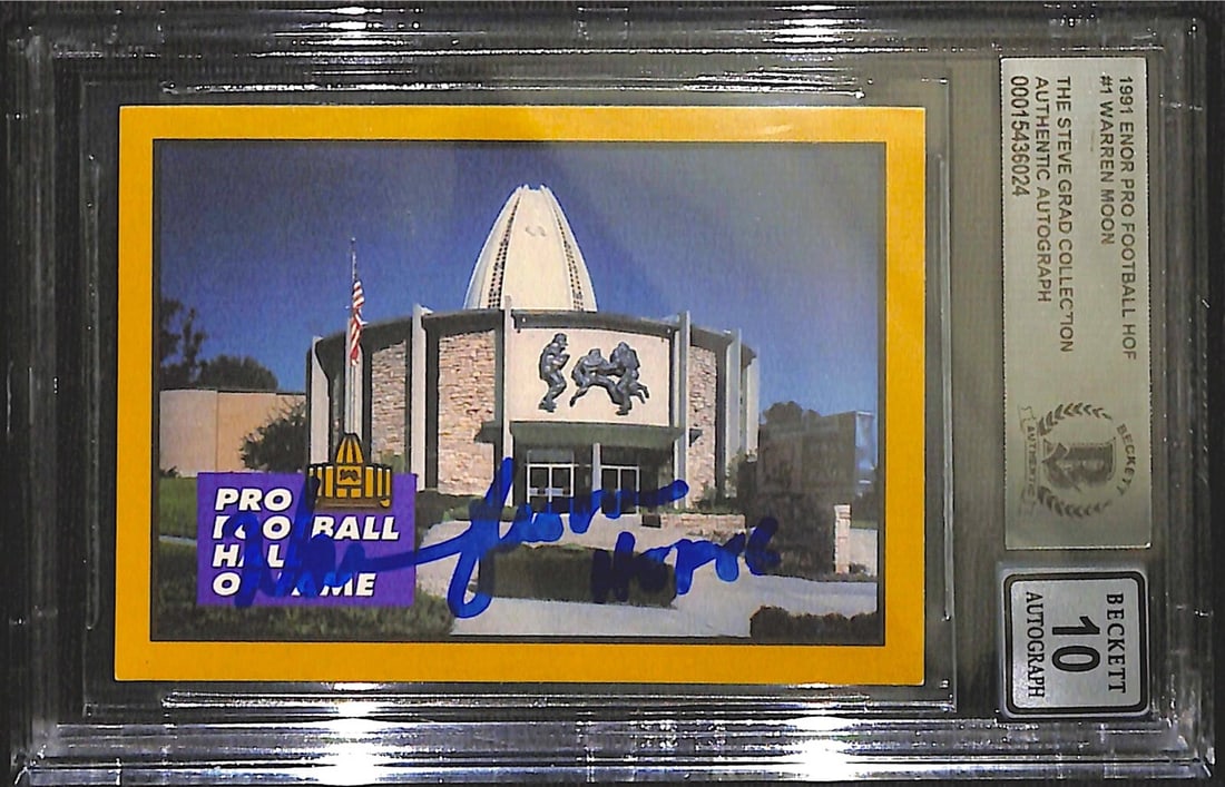 Warren Moon Signed 1991 ENOR Pro Football HOF Card Auto Grade 10 Beckett: Warren Moon Signed 1991 ENOR Pro Football HOF Card Auto Grade 10 Beckett Celebrate football history with this autographed 1991 ENOR Pro Football Hall of Fame #1 trading card, signed by the legendary W