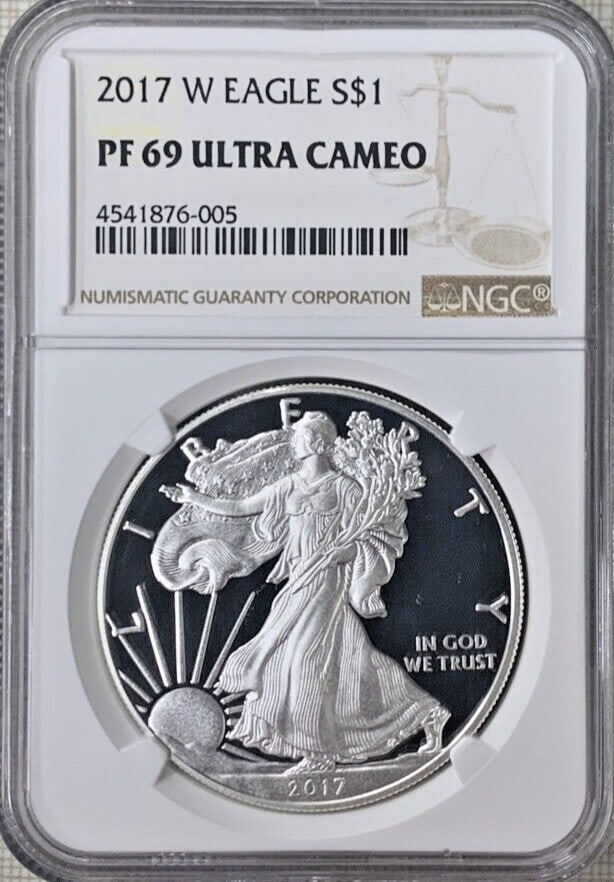 NGC PF 69 Ultra Cameo 2017-W Silver Eagle Proof Dollar Coin: NGC PF 69 Ultra Cameo 2017-W Silver Eagle Proof Dollar Coin This 2017-W American Silver Eagle is a proof coin with a $1 denomination, certified by NGC as PF 69 Ultra Cameo. Composed of silver, it feat
