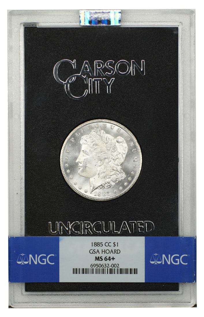 1885 Carson City Morgan Silver Dollar NGC MS64 Plus GSA Holder: 1885 Carson City Morgan Silver Dollar NGC MS64 Plus GSA Holder This is an uncirculated 1885-CC Morgan Dollar with a denomination of $1, graded MS64+ by NGC. Minted in Carson City, this pre-owned coin