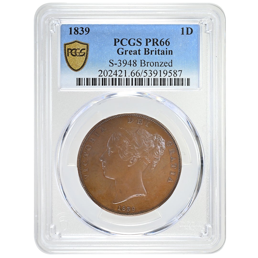 Victoria 1839 Bronze Penny PCGS PR66 Rare Great Britain Coin: Victoria 1839 Bronze Penny PCGS PR66 Rare Great Britain Coin This rare 1839 Great Britain 1 Penny coin features a bronzed finish and depicts Queen Victoria. Graded PR66 by PCGS, it showcases a pleasan