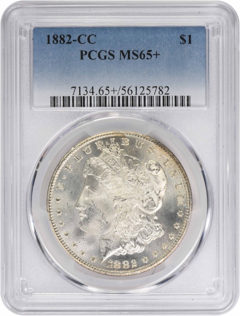 PCGS MS65 Plus 1882 Carson City Morgan Dollar 90 Percent Silver: PCGS MS65 Plus 1882 Carson City Morgan Dollar 90 Percent Silver This 1882-CC Morgan Silver Dollar is graded MS65+ by PCGS, indicating a high level of preservation. Minted in Carson City, this uncircul