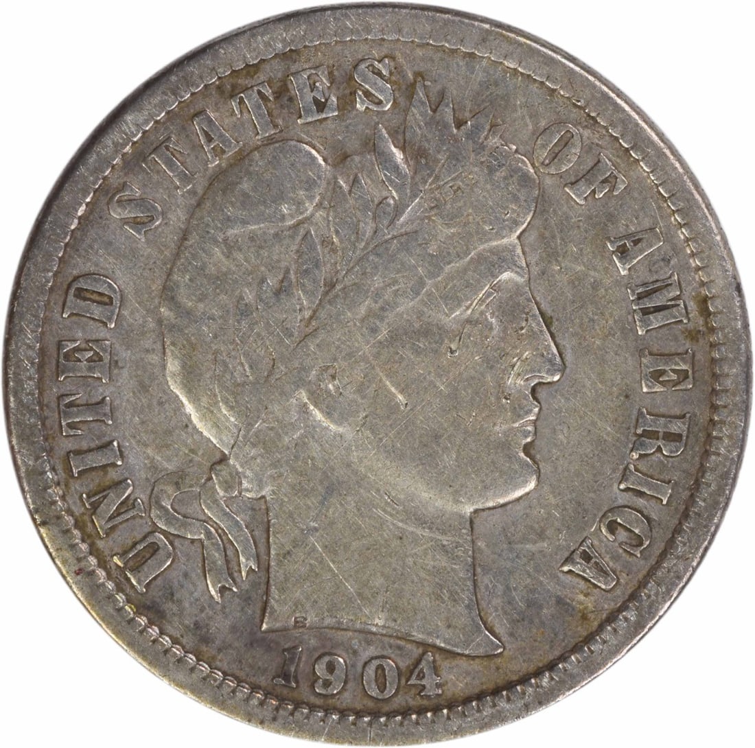 San Francisco Mint 1904 Barber Dime 90 Percent Silver VF Uncertified: San Francisco Mint 1904 Barber Dime 90 Percent Silver VF Uncertified This 1904-S Barber silver dime was struck at the San Francisco Mint and features the design by Charles E. Barber. Composed of 90% s