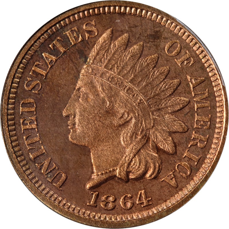 Proof 1864 Indian Head Cent Bronze PCGS PR64 RB: Proof 1864 Indian Head Cent Bronze PCGS PR64 RB This 1864 Indian Cent is a proof coin struck in bronze, graded PR64 RB by PCGS. It features strong strike quality, vibrant color, and attractive luster,