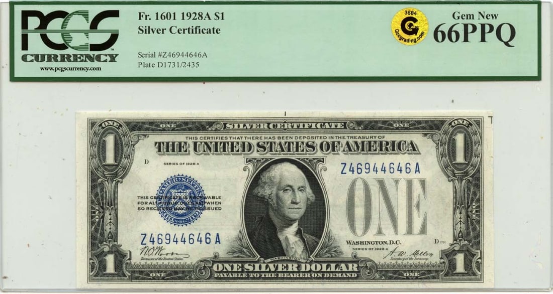 PCGS GEM 66 PPQ 1928A Silver Certificate Dollar FR1601 United States: PCGS GEM 66 PPQ 1928A Silver Certificate Dollar FR1601 United States This 1928A $1 Silver Certificate is a United States banknote graded MS66 by PCGS Currency, indicating a GEM uncirculated condition.